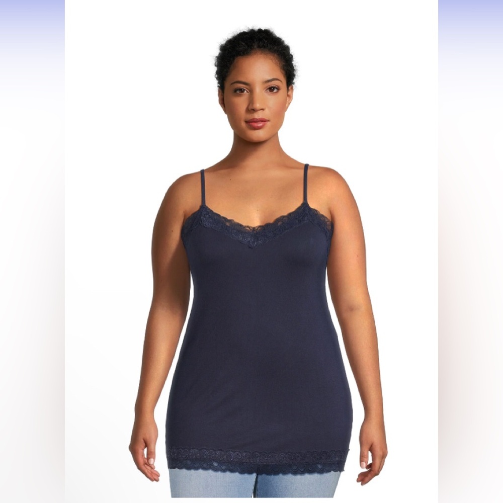 TERRA & SKY Womens Cami Top Plus Size 2X 20W-22W Navy Blue Lace Trim NWOT